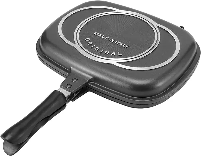 Double-sided Frying Pan, 32cm/12.6in BBQ Grill Pan, Double Side Pressure Cooking Grill Pan, Portable Grill Pot for Home Cooking, Anti‑Burn Handle, Grill Cookware Kitchen Supplies