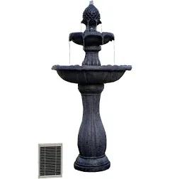 XBrand 44" H Black Fiberglass/Resin 2-Tier Solar Water Fountain w/Solar Panel and Auto-Shut Off Pump, Solar Garden Fountain, Tall Outdoor Fountain, Two Tiered Birdbath Fountain