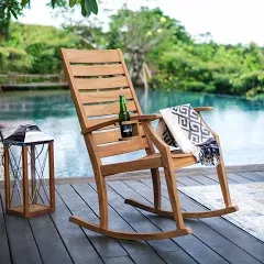 Misc Teak Outdoor Rocking Chair with Cup Holder Brown Farmhouse Weather Resistant