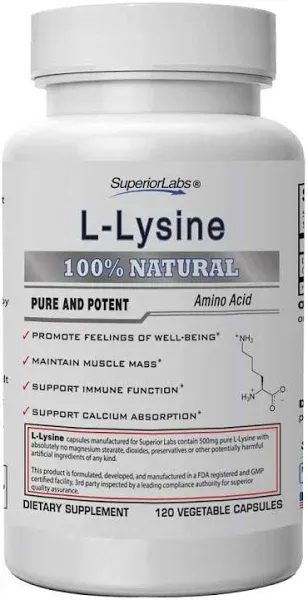 Superior Labs – Best L-Lysine NonGMO Dietary Supplement –500 mg Pure Active L-Lysine – 120 Vegetable Capsules – Supports Calcium Absorption –