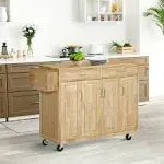 HOMCOM Kitchen Island on Wheels, Natural Hardwood Kitchen Cart with Drawers, Storage Cabinets, and Tool Caddy, Microwave Cart for Dining Room, 54 Inches Wide