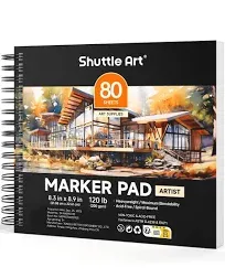 Shuttle Art Marker Pad, 8.3”x8.9” Portable Square Sketchbook, 80 Sheets Marker Drawing Paper, 120LB/200GSM Bleedproof Art Paper, Spiral-Bound, Great for Professional Artist to Draw, Paint & Sketch