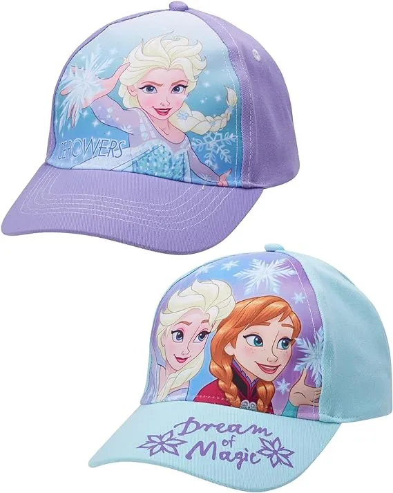 Disney Girls' Frozen Baseball Cap - 2 Pack Princess Elsa and Anna Curved Brim Strap Back Hat (2T-7)