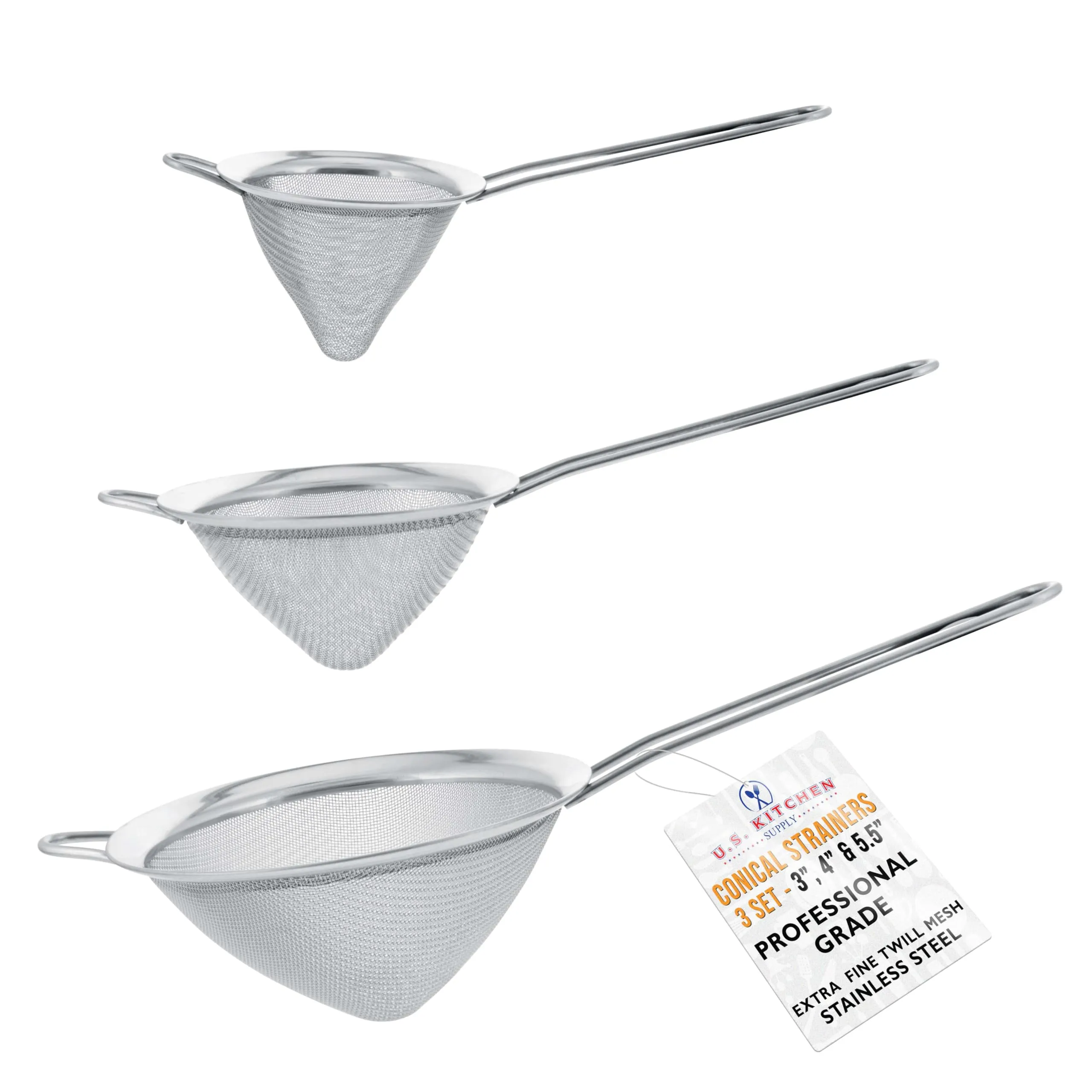 U.S. Kitchen Supply - Set of 3 Premium Quality Extra Fine Twill Mesh Stainless Steel Conical Strainers - 3", 4" and 5.5" Sizes - Chinois to Sift, Strain, Drain and Rinse Vegetables, Pastas & Teas