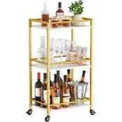 Lifewit Bar Cart Gold, Small Wine Rolling Cart with 3 Tier Glass Shelves, Home Serving Bar Cart with Lockable Wheels, Mini Liquor Beverage Cart for Kitchen Dining Living Room, Gold