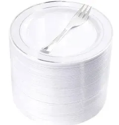 WELLIFE 120 Pcs Silver Plastic Dessert Plates with 120 Forks