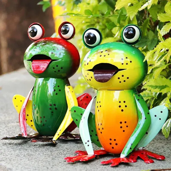 Metal Garden Decor Yard Art for Outside Set of 2 Cute Frogs Lawn Patio Ornaments Backyard Decorations Garden Gifts for Mom - (Yellow,Green)