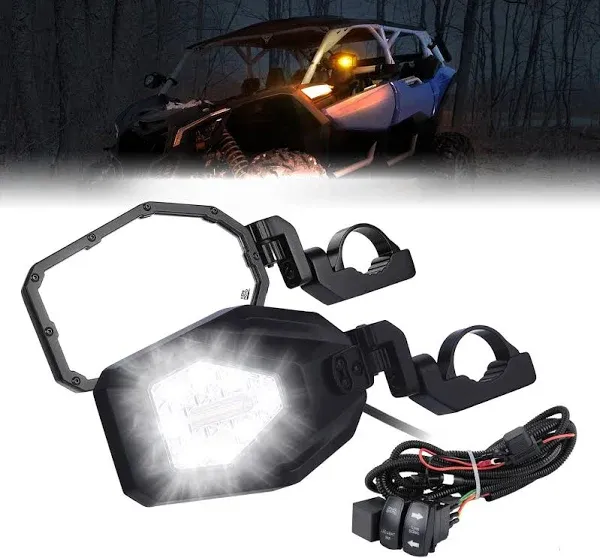 KEMIMOTO UTV Side Mirrors with Spot Light, Turn Signal Light for 1.6-2 in Roll Bar, Heavy Duty Aluminum Side by Side UTV Mirrors Compatible with Polaris RZR Can-Am X3 Kawasaki Mule Teryx Pioneer Talon