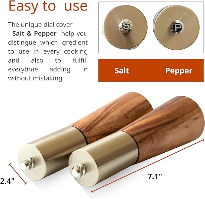 Gold Salt and Pepper Grinder Mill Set with Wood Base, Free Gold Funnel,Stainless Steel Manual Salt Shaker and Pepper Mill,Adjustable Thickness