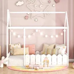 Twin Floor Bed with Fence Rails by Harper &amp; Bright Designs - White Montessori House Bed for Kids