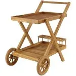 Deco 79 Teak Wood Indoor Outdoor Rolling 2 Shelf Bar Cart with Wheels and Handle, 32" x 21" x 32", Brown