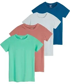 Real Essentials 4 Pack: Girls Short Sleeve Dry-Fit Crew Neck Active Athletic Performance T-Shirt