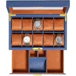 Rothwell 10-Slot Watch Box in Leather with Valet Drawer, Luxury Watch Case Display Organizer with Ultra Soft MicroSuede Liner, J