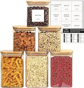 Laramaid Glass Jar Set (3x27oz/3x40oz) Set of 6 with Minimalist Pantry Labels, Square Canister Jars with Bamboo Lids and Customized Sticker Labels, Food Storage Containers