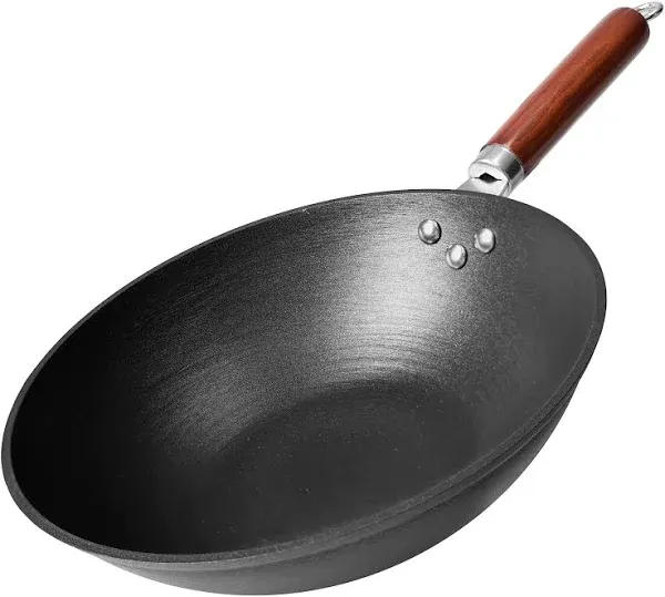 21st & Main Wok, Stir Fry Pan, Wooden Handle, 11 Inch, Lightweight Cast Iron, chef’s pan, pre-seasoned nonstick, for Chinese Japanese and other cooking