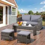 Shintenchi Patio Furniture 4 Pieces Wicker Patio Furniture Sets,Outdoor Wicker Conversation Set Rattan Sectional Sofa with Cushions&amp;Coffee Table for Backyard Porch Garden Poolside Balcony,Gray