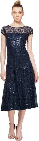 NWT SLNY Semi-Formal Navy Fluted Skirt, Short Sleeve, Midi Sequins Gown Size 6