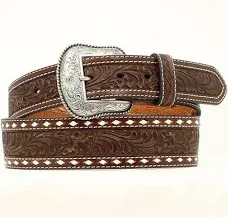 Nocona Mens Tooled Floral & Cross Belt with Stitching