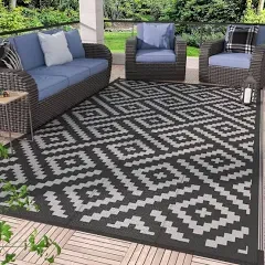 DEORAB Square Outdoor Rug Patio Clearance, Reversible Plastic Camping Rugs, 5'x5', Black & Gray