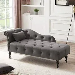 Zwnlkqg Tufted Upholstered Velvet Rolled Arm Chaise Lounges Indoor Chair Right Arm Facing Chaise Lounge with Nailhead Trim and 1 Pillow Room Bedroom