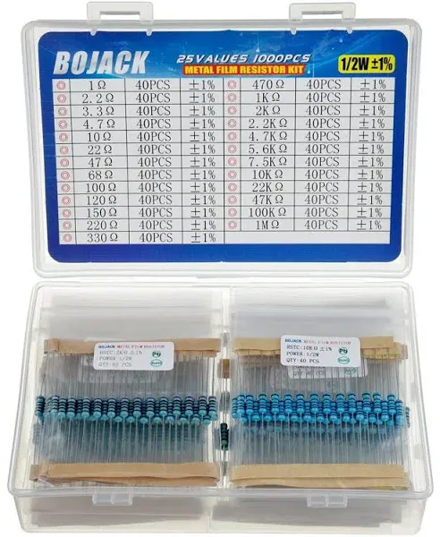 1000 Pcs 25 Values Resistor Kit 1 Ohm-1M Ohm 5% Tolerance - DIY Essential