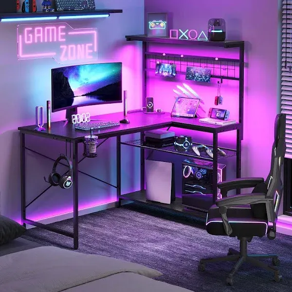 Bestier 42 L Gaming Desk,Computer Desk with Power Outlets, LED Lights, Reversible Corner Desk with 4-Tier Shelves,Cup Holder & Hook Carbon Fiber