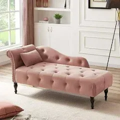 Velvet Chaise Lounge Indoor, Modern Lazy Chaise Sofa Bed with Buttons Tufted Nailhead Trimming & Rolled Left Armrest Design and 1 Pillow for Bedroom & Living Room(Rose)