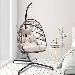 OUTPLATIO Hanging Egg Chair with Stand Outdoor Swinging Egg Chair with Water Resistant Cushions PE Rattan Wicker Egg Chair Foldable Basket