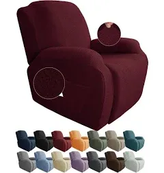 JIVINER 4-Piece Recliner Chair Covers Stretch Jacquard Covers for Recliner Chair Recliner Slipcovers for Living Room Soft Recliner Protector with Pocket (Recliner, Wine Red)