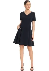 Maggy London Women&#x27;s Scallop Trim V-Neck Short Sleeve Dress Navy Blue 6 Petite