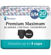 Because Premium Maximum Plus Underwear for Women Small/Medium Black 20 Count