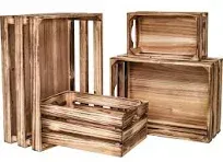 Set of 4 Large Torched Wood Decorative Storage Crates, Nesting Wooden Brown