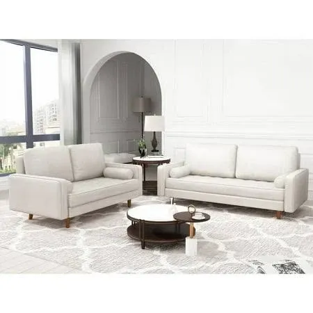 2 Piece Mid-Century Square Arm Leather Sofa Living Room Set White Sofa Width:70&#034;