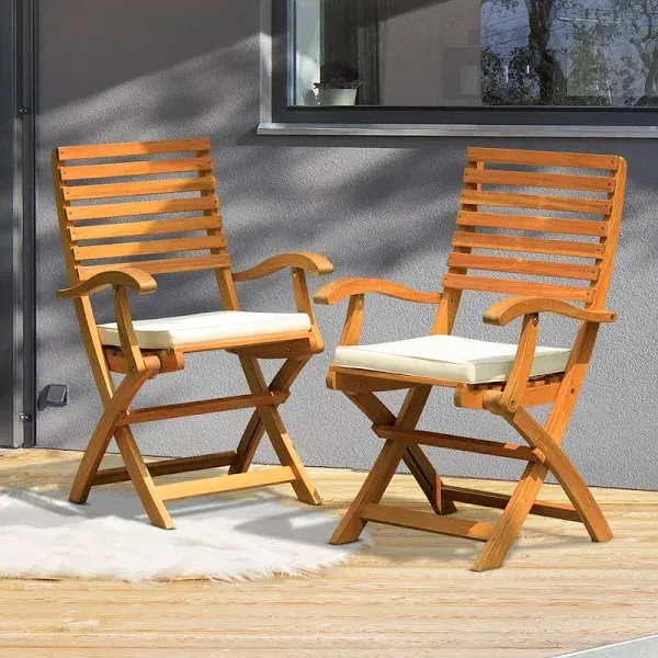 IDZO, Percy Chairs Heavy Duty 400lbs Capacity Set of 2 with Cushion, FSC Acacia Outdoor Furniture, Teak Finish, Fully Assembled, Wood Folding Beige