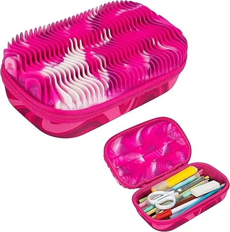 ZIPIT Wavy Pencil Box for Girls | Fidget Box | Silicon Sensory Case | Large Capacity Pencil Case (Pink)