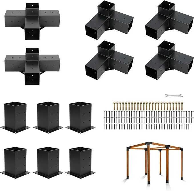 Pergola Brackets Kit 4x4(Actual: 3.5x3.5'') 3-Way and 4-Way Right Angle Corner Bracket with Pergola 6 Post Base,Gazebo Kit,Patio Pergolas, Log Cabin Outdoor Pergola Hardware for 4x4 Lumber