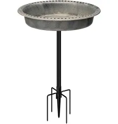 VIVOHOME Oval Polyresin Bird Bath Bowl with Metal Stake, 29 Inch Height Outdoor Freestanding Birdfeeder, Capacity 1.3 Gallons, 5-Pronged Base, Gray