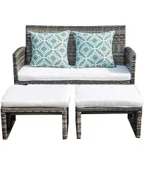 OC Orange-Casual Outdoor Loveseat Patio Furniture Rattan Conversation Set with Ottoman, White Cushions, Grey Wicker, Pillows Included