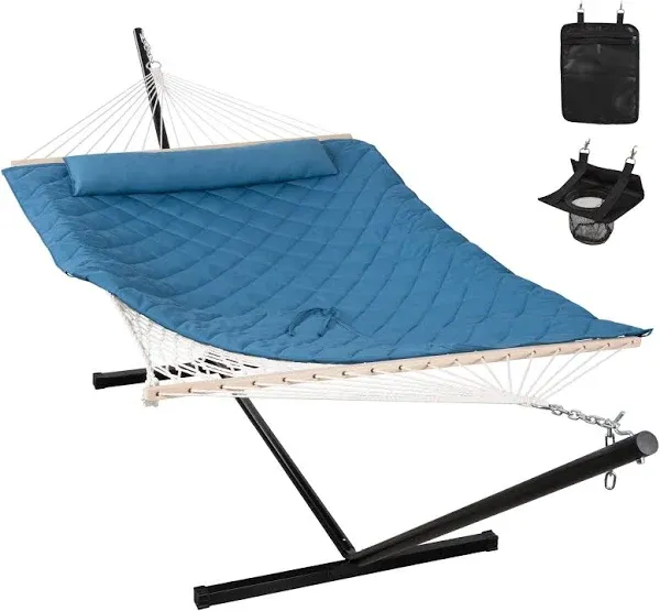 2 Person Hammock with 12FT Heavy Duty Steel Stand, Double Rope Light Brown