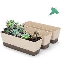 GROWNEER 3 Packs 12 Inches Window Boxes Rectangle Planter Long Pots with 15 Pcs Plant Labels Plastic Flower Plant with Saucer for Windowsill Garden Balcony Home Indoor Outdoor (Beige)