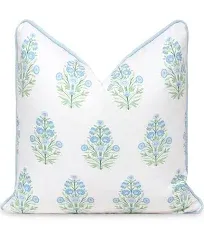 Coastal Indoor Outdoor Lumbar Pillow Cover, Floral with Piping, Baby Blue Green, 12"x20"