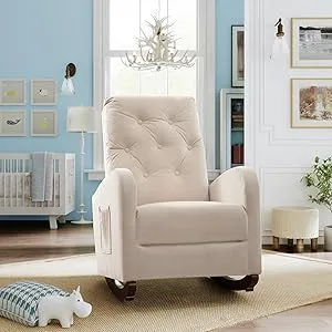 Rocking Chair Glider Chair for Nursery High Back Upholstered Rocker Chair Comfortable Living Room Chairs with Fabric Padded Seat Modern Rocking Chair for Bedroom Baby Room (Beige)