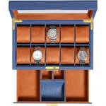 ROTHWELL 10-Slot Watch Box in Leather with Valet Drawer, Luxury Watch Case Display Organizer with Ultra Soft Microsuede Liner, Jewelry and Sunglass Holder With Large Glass top (Blue/Tan)