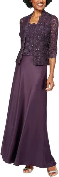 Alex Evenings Women's Two Piece Dress with Lace Jacket (Petite and Regular Sizes), Eggplant, 8P