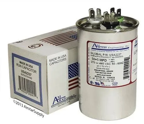 50 + 5 uf/Mfd Round Dual Universal Capacitor • AmRad USA2237 - Used for 370 or 440 VAC, Made in The U.S.A.