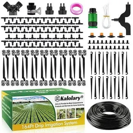 164FT Automatic Drip Irrigation Kit, Kalolary Micro Garden Watering System with 1/4" Distribution Tube Adjustable Sprinkler Equipment 4/7 Misting Nozzle Emitters Barbed Fittings for Greenhouse Patio