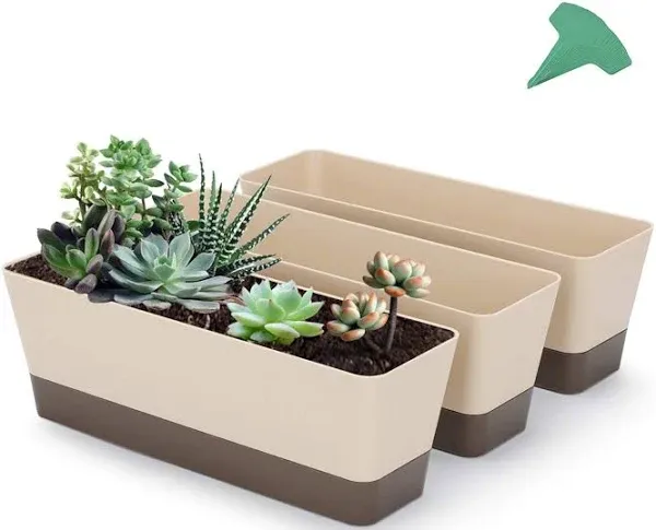 GROWNEER 3 Packs 12 Inches Window Boxes Rectangle Planter Long Pots with 15 Pcs Plant Labels Plastic Flower Plant with Saucer for Windowsill Garden Balcony Home Indoor Outdoor (Beige)