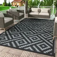 DEORAB Outdoor Rug Patio Clearance,3'x5' Waterproof Mat,Reversible Plastic Camping , Black & Gray