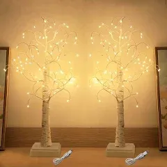 2 Pack White Birch Tree with 72 Led Lights 22&#034; Table Lighted Trees with USB or B