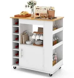 White Kitchen Cart on Wheels w/6-Bottle Wine Rack 2 Lockable Universal Wheels